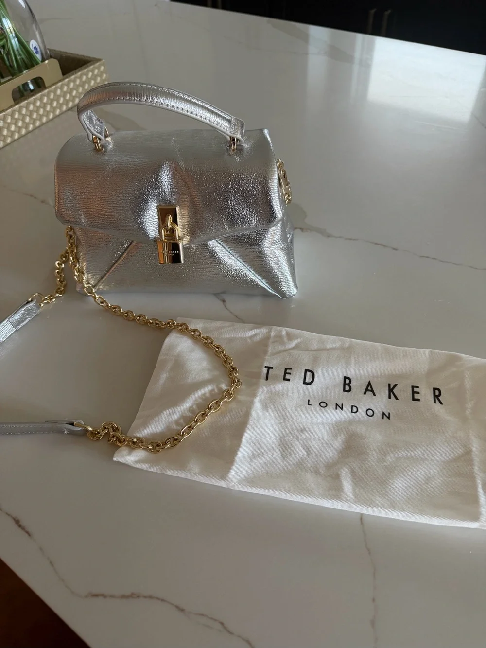 Ted Baker Silver Metallic Top Handle Satchel with Gold Lock